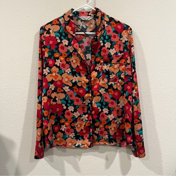 Primark Tops - Primark size small bright pinks and oranges floral long sleeve satin look top